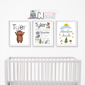 Boy Woodlands 3 Piece Birth Print Set