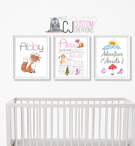 Girl Woodlands 3 Piece Birth Print Set