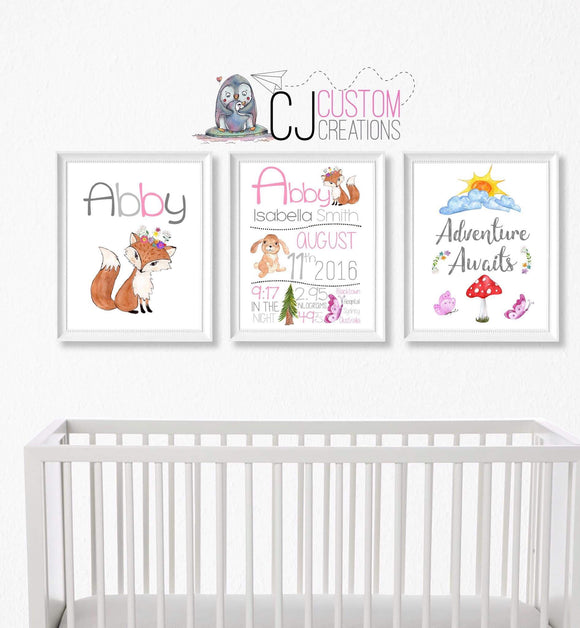 Girl Woodlands 3 Piece Birth Print Set