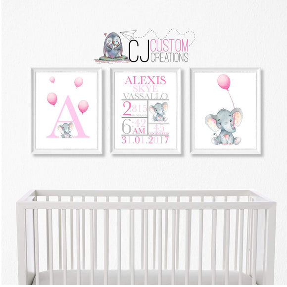 Girl Balloon Elephant 3 Piece Birth Print Set