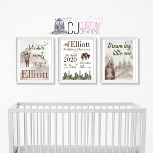 Woodlands 3 Piece Birth Print Set